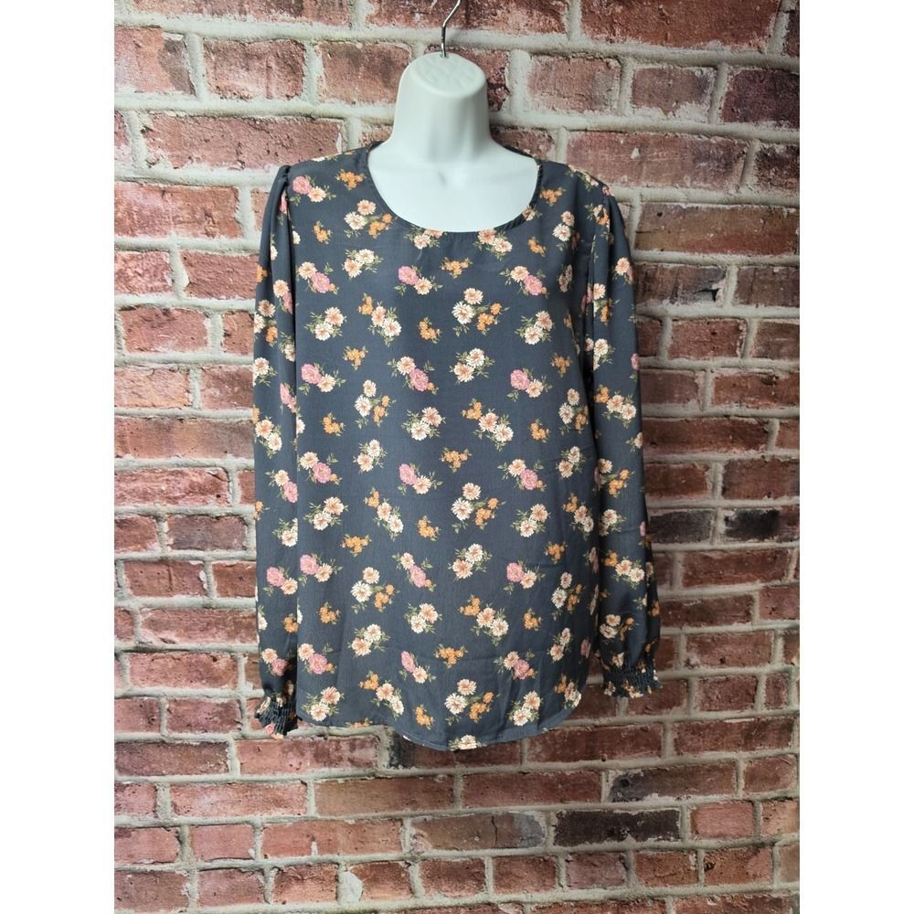 Women's LES AMIS Charcoal Gray Floral Smocked Cuff Puff Sleeve Blouse Size Large
